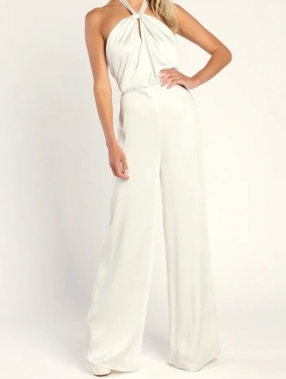 Lulus Satin Backless Halter Wide-Leg Jumpsuit - White